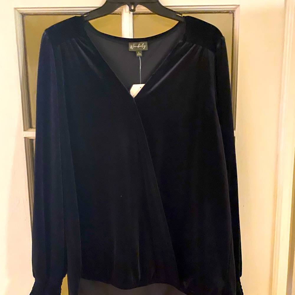 Wonderly Top Womens Large Green Velvet Faux Wrap Smocked Wrist Cuffs Boho Hippie